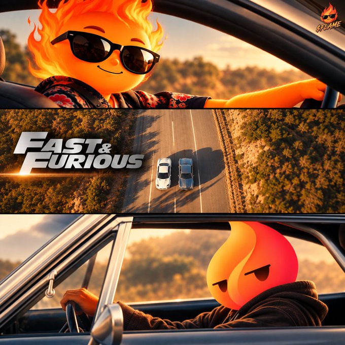 A three-panel 'Fast & Furious' parody featuring flame emojis as characters — a flame with sunglasses driving in the top panel, two cars racing on a road in the middle panel with the title logo, and an angry flame character gripping a steering wheel in the bottom panel.