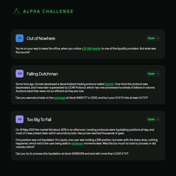 An "Alpha Challenge" webpage displaying three on-chain puzzles titled "Out of Nowhere," "Falling Dutchman," and "Too Big To Fall," each referencing crypto events like the GMX exploiter, OPNX Flexcoin, and Terra's 2021 crash with rewards in 1INCH tokens. The post invites viewers to solve all 8 weekly cases at alpha.wintermute.com, where real "alpha" (market insights) is hidden among the challenges.