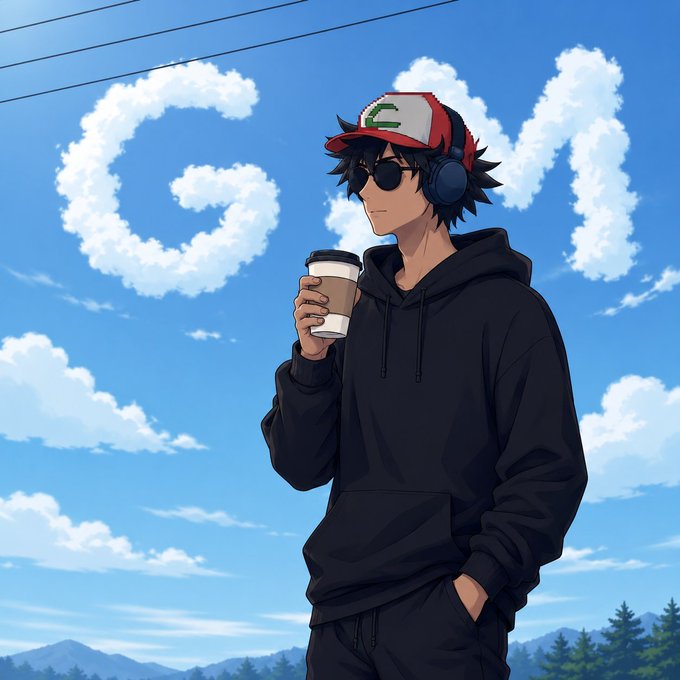 An anime-style illustration of a young man in a black hoodie, cap, sunglasses, and headphones holding a coffee cup, with clouds in the sky behind him spelling out 'GM'.