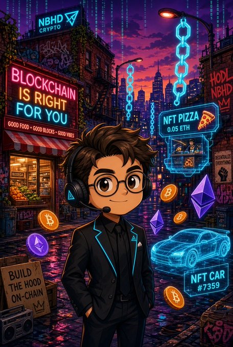 A vibrant digital illustration of a chibi-style character in a suit and headphones, set in a cyberpunk cityscape with neon signs advertising 'BLOCKCHAIN IS RIGHT FOR YOU', 'NFT PIZZA', and 'NFT CAR #7359'.