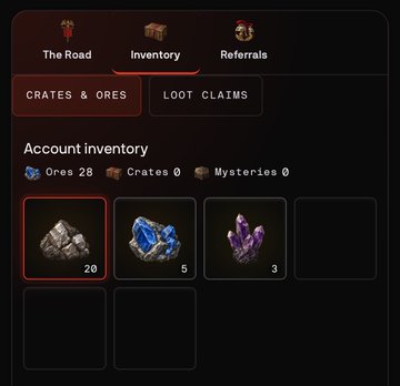 A digital inventory screen for a game or app showing tabs for 'The Road,' 'Inventory,' and 'Referrals,' with 'CRATES & ORES' selected displaying 28 Ores, 0 Crates, and 0 Mysteries, including 20 ore, 5 blue ore, and 3 purple ore items.