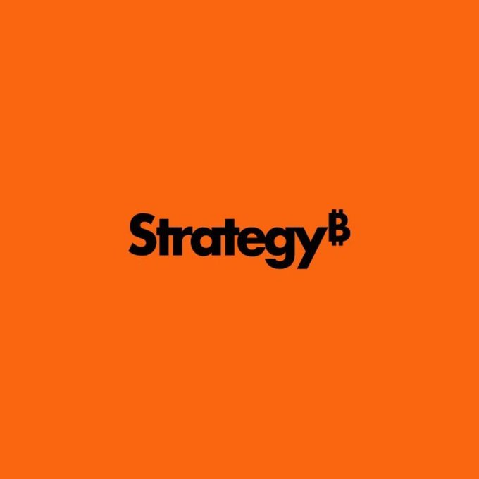The image displays the "Strategy₿" logo in bold black text against a bright orange background, with the Bitcoin symbol (₿) incorporated as a superscript. It serves as the brand identity for the company highlighted in the post, which announces Strategy's substantial holdings of 843,775 BTC alongside its financial strategy.