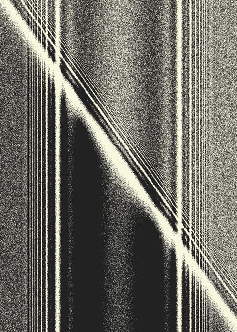 An abstract black and white image featuring diagonal lines and dense, high-contrast digital noise patterns.