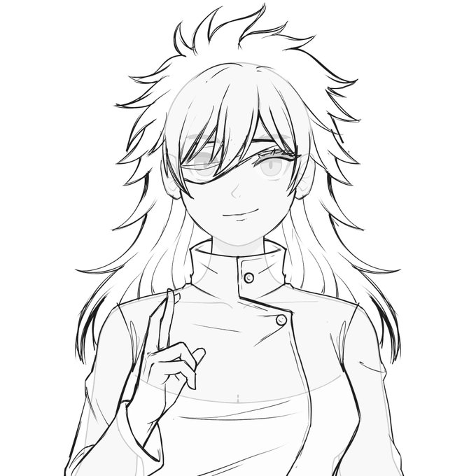 A black and white line art drawing of an anime-style character with long flowing hair, one eye covered, wearing a high-collared jacket and giving a peace sign.