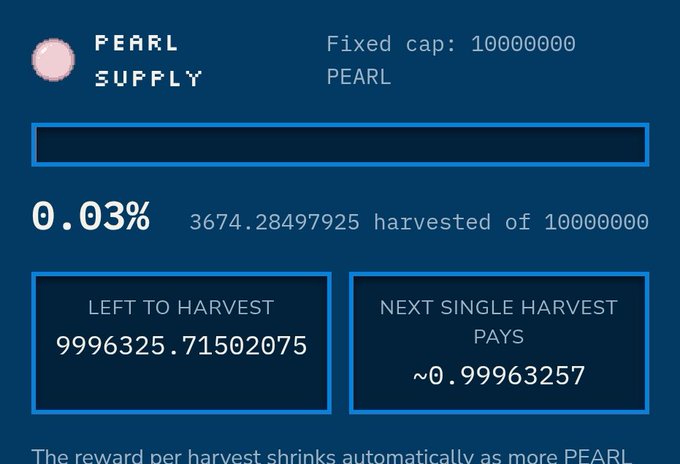 A dashboard displaying PEARL SUPPLY statistics, including a Fixed cap of 10,000,000 PEARL, showing 0.03% (3,674.28497925) harvested, 9,996,325.71502075 left to harvest, and ~0.99963257 PAYs for the next single harvest.