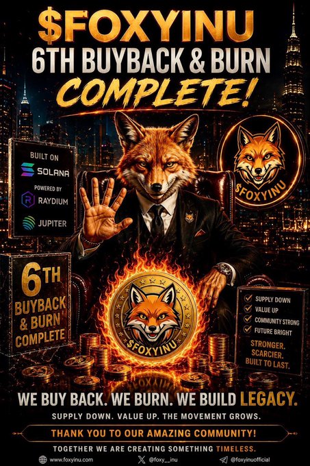 The image is a fiery promotional graphic for $FOXYINU announcing its "6TH BUYBACK & BURN COMPLETE!" featuring an anthropomorphic fox in a suit surrounded by coins, with text highlighting it's built on Solana, powered by Raydium and Jupiter, and listing achievements like "Supply Down, Value Up, Community Strong, Goal Stronger, Scarcer, Built to Last," aligning with the post's celebration of the milestone and commitment to the ongoing buyback mission.