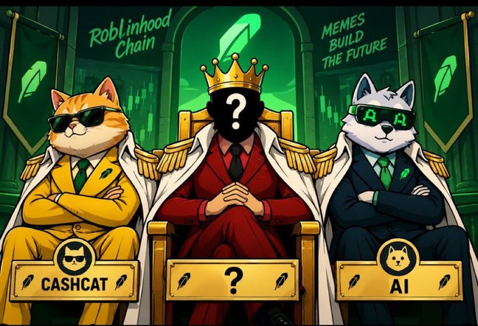 A cartoon-style digital illustration depicting three figures on a throne: an orange cat in a yellow suit labeled 'CASHCAT', a central figure in a red suit with a question mark head, and a white dog in a suit wearing 'AI' glasses, all set against a 'RobLinhood Chain' background reading 'MEMES BUILD THE FUTURE.'