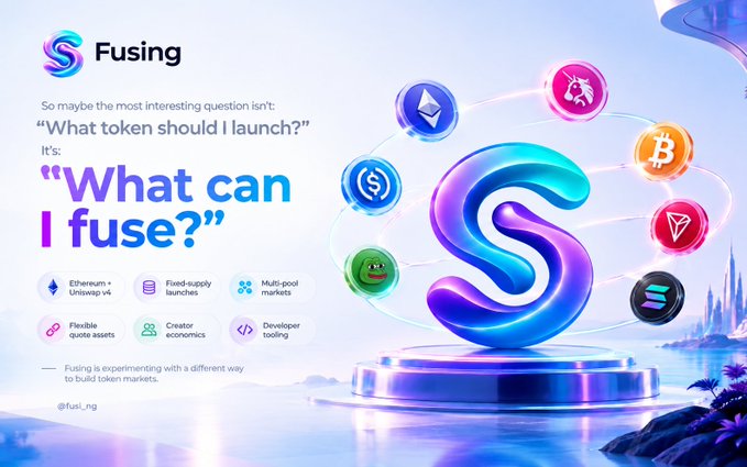 Promotional graphic for 'Fusing' (@fusi_ng) with the tagline 'What can I fuse?' featuring logos of various cryptocurrencies (Ethereum, Bitcoin, Pepe, Tron, Solana, etc.) orbiting a stylized 'S' symbol.