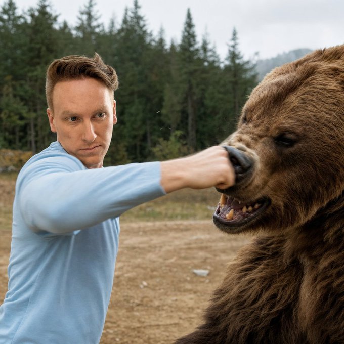 A man in a light blue shirt pokes a snarling brown bear in the nose, with a forest backdrop. The post's text ("Astra is out. BTC ripping. Fed buyin' yield. Bears watch out.") metaphorically matches the image, illustrating an aggressive, bullish stance against bearish market forces.
