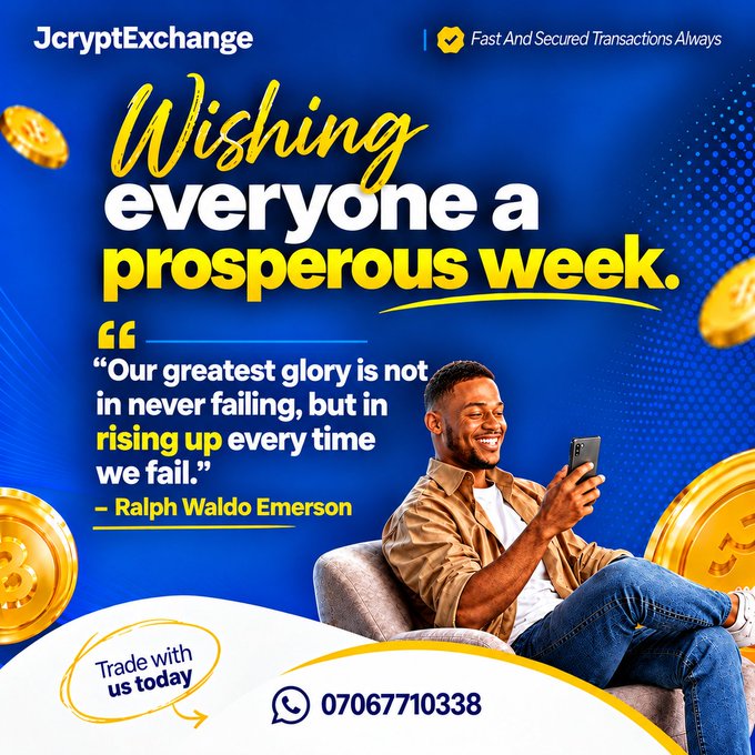 Promotional graphic for JcryptExchange wishing a prosperous week, with a Ralph Waldo Emerson quote, contact number 07067710338, and a smiling man using a smartphone.