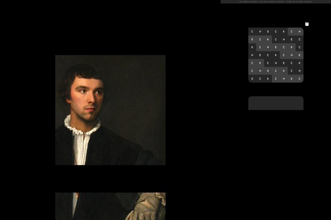 A dark screen showing what appears to be classical Renaissance portraits on the left and a captcha grid of letters on the right.