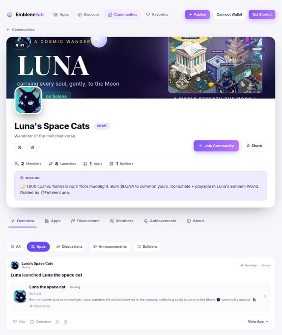 Screenshot of the EmblemHub community page for "Luna's Space Cats," the first community launched on the platform, showing a banner for the $LUNA token ("carrying every soul, gently, to the Moon"), 2 members, 8 launches, 1 app, 1 builder, and a post announcing the launch of "Luna the space cat" with the description "Born of comet-dust and moonlight, Luna wanders the multiverse in the cosmos, collecting souls to carry to the Moon."