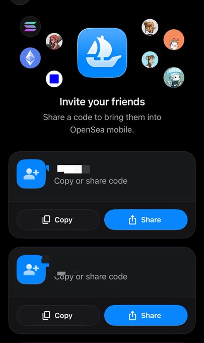 A mobile app screen for OpenSea showing an 'Invite your friends' page with options to 'Copy or share code' via 'Copy' and 'Share' buttons.