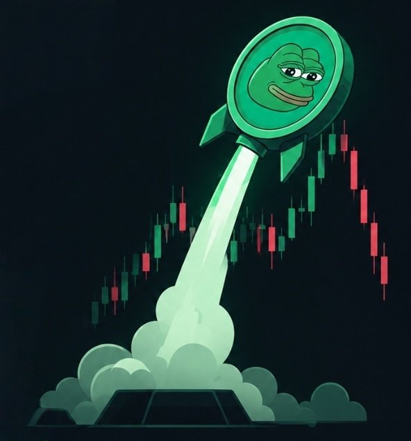 A green cartoon rocket with a smiling face launches through a bright exhaust beam from smoke clouds, with red and green financial candlestick bars in the dark background.