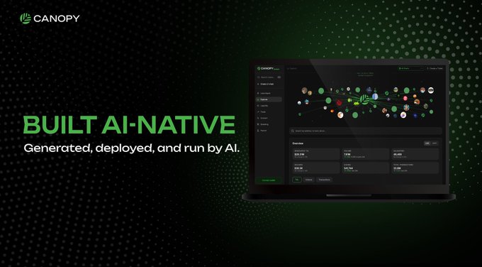 A dark-themed promotional graphic featuring the "CANOPY" logo and a laptop displaying what appears to be a network/node visualization dashboard, with the tagline "BUILT AI-NATIVE — Generated, deployed, and run by AI," which visually reinforces the post's message about Canopy ($CNPY) positioning itself as infrastructure purpose-built for AI-driven applications.