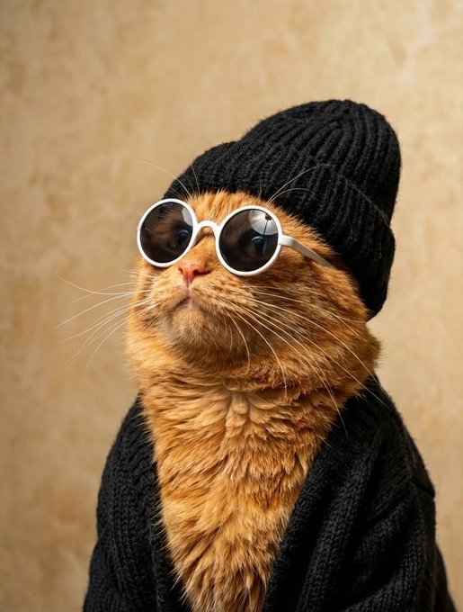An orange tabby cat wears a black knit beanie, white-framed round sunglasses, and a dark sweater, posing against a beige background.