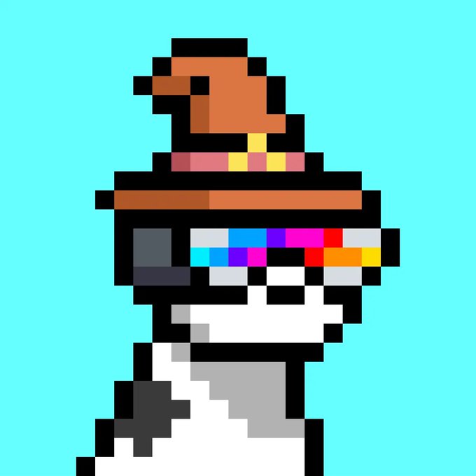 A pixel art character wearing an orange hat, white robe, and a colorful belt with rainbow segments, set against a teal background.