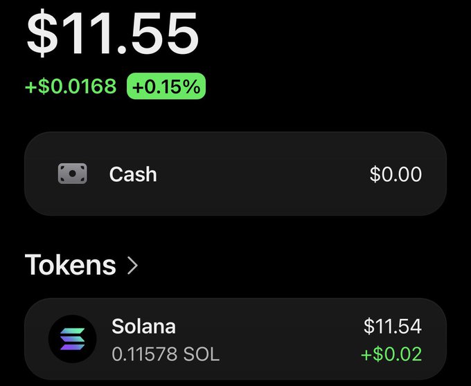 The image shows a cryptocurrency wallet balance of $11.55, including 0.11578 SOL (Solana) worth $11.54 with a slight gain of +$0.0168 (+0.15%), and a $0.00 cash balance. The accompanying post asks users to comment their Solana wallet for a giveaway, with the image serving as proof of Solana holdings to attract participants.