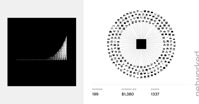 A split image showing what appears to be an auction or bidding interface with a dark artwork on the left and a circular diagram with icons and 'PATRONS 199', 'CURRENT BID $1,380', 'BIDDER 1337' on the right.