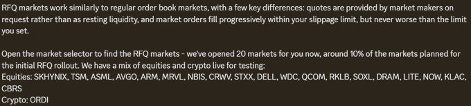 A screenshot of Extended app's market selector showing 20 newly opened RFQ markets, listing equities tickers (SKHYNIX, TSM, ASML, AVGO, ARM, MRVL, NBIS, CRVW, STXX, DELL, WDC, QCOM, RKLB, SOXL, DRAM, LITE, NOW, KLAC) and crypto ORDI, demonstrating early access to the test rollout before the public launch.