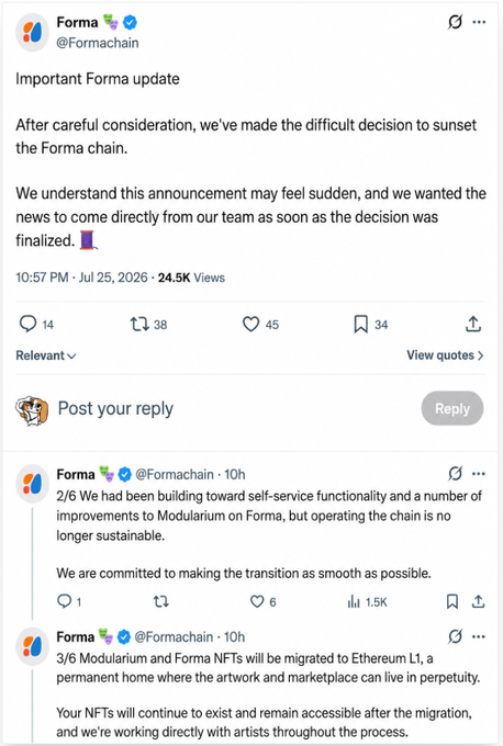 A tweet thread from Forma (@Formachain) announcing the sunset of the Forma chain, explaining that Modularium and Forma NFTs will be migrated to Ethereum L1, a permanent home where artwork and marketplace can live in perpetuity.