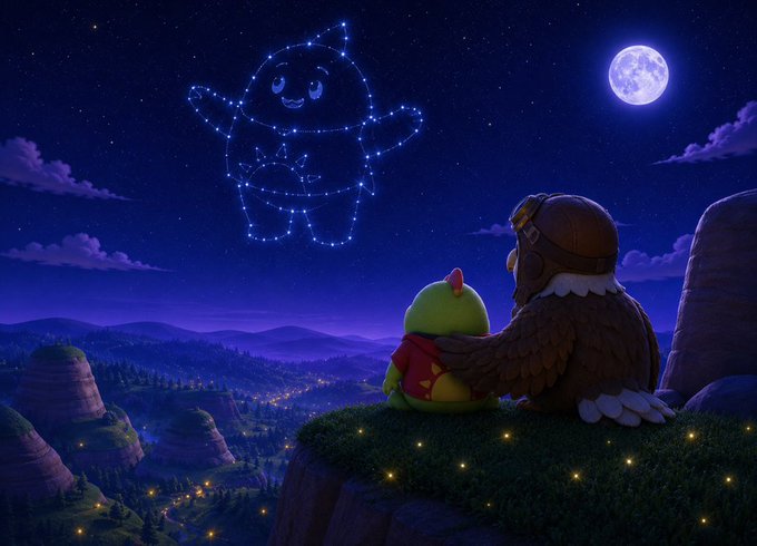 A cute green creature and a small owl wearing an aviator helmet sit on a cliffside under a starry night sky, gazing up at a constellation of a smiling figure and a glowing full moon. The whimsical, dreamy scene visually echoes the post's cozy "GN" (good night) theme, tying together the idea of restful sleep and earning rewards through a sleep-tracking token economy.