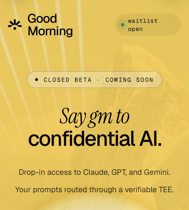The image shows the text "Good Morning" at the top, followed by a description that reads "A website about Good morning where you can wait for your orders to arrive." Below this main information is a screenshot of a landing page with the title "Saying gm to confidential AI". The main focus on the image is an advertisement for a private network called Bittensor. It appears they are offering an exclusive service related to Secret Intelligence Agencies and its partners, such as Clauze, ChatGPT, GPT, and Gemini. The text promotes a new feature that allows users to access SOTA models in a private setting.