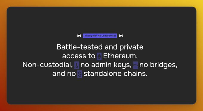 The image shows a black background with white text that reads "Railgun is the best privacy system on Ethereum right now." This message is related to the post, which discusses the importance of privacy in the context of Ethereum. The image also includes a graphic design element featuring an orange border and a purple square containing the text "Battle-tested and private access to Ethereum. Non-custodial, no admin keys, no standalone chains."