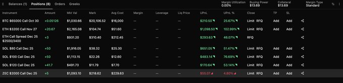 A trading positions dashboard showing positions in BTC, ETH, SOL, ZEC with details including Mkt Val, Mark, Avg Cost, and P/L figures.