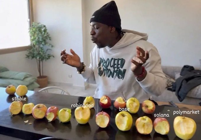 A meme-style image showing a person in a black beanie and white hoodie reacting with their eyes closed in apparent disappointment, while cored apples labeled with crypto names ("stable", "robinaood", "base", "solana", "polymarket") are arranged in front of them.
