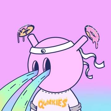 A cartoon illustration of a pink character wearing a 'QUIRKIES' t-shirt and a headband, shooting rainbow beams from its eyes while donuts float above its antennae.