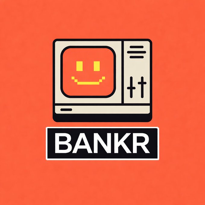 A logo featuring a stylized retro computer with a yellow smiley face on its screen above the word 'BANKR' in white letters on a black rectangle, set against an orange background.