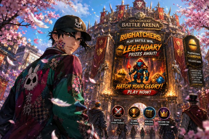 A vibrant promotional poster for a 'GRANDLEAF BATTLE ARENA' featuring the text 'RUGMATCHERS PLAY, BATTLE, WIN. LEGENDARY PRIZES AWAIT! HATCH YOUR GLORY! PLAY NOW!'
