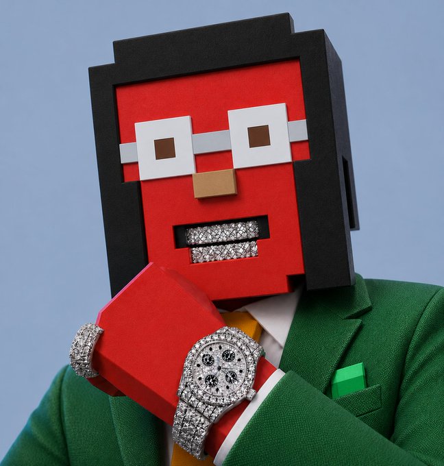 A stylized 3D figure with a red Minecraft-like head, wearing a green suit and an iced-out diamond watch and ring, posed against a blue background.