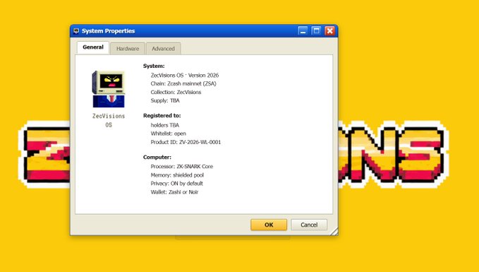 A Windows "System Properties" dialog box for "ZecVisions OS - Version 2026" displayed against a yellow background with pixelated text.