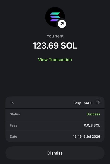 A confirmation screen shows a successful transfer of 123.69 SOL sent to address "Fasy...p4CS" on 5 Jul 2026, with fees of 0.048 SOL, corroborating the post's claim of a 123 SOL airdrop distribution by @blknoiz06.