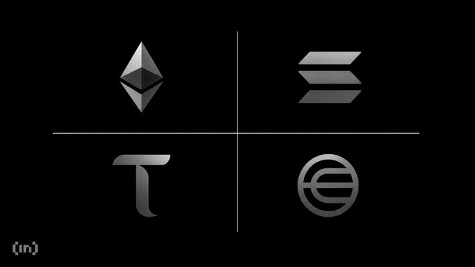 A grid displaying four cryptocurrency logos on a black background: Ethereum (diamond symbol, top-left), Solana (S-shaped logo, top-right), Worldcoin (stylized "T" logo, bottom-left), and Bittensor (circular logo, bottom-right), with "(in)" text in the bottom-left corner. The image visually represents Grayscale's thesis on which crypto assets will power the AI economy—Ethereum and Solana for payments, Worldcoin for identity, and Bittensor for decentralized AI.