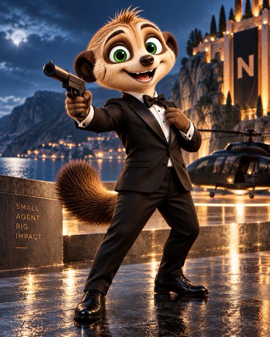 A 3D-rendered anthropomorphic meerkat wearing a tuxedo and holding a gun, standing in a rainy setting with a helicopter, a building marked 'N', and the text 'SMALL AGENT BIG IMPACT'.