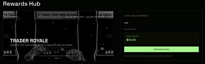 Dark-themed 'Rewards Hub' interface displaying a 'TRADER ROYALE' competition banner and $60.00 total fee credits available.