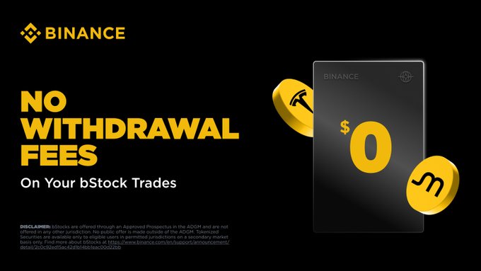 This Binance graphic promotes "NO WITHDRAWAL FEES On Your bStock Trades," featuring the Binance logo and coins with Tesla and Meta logos.