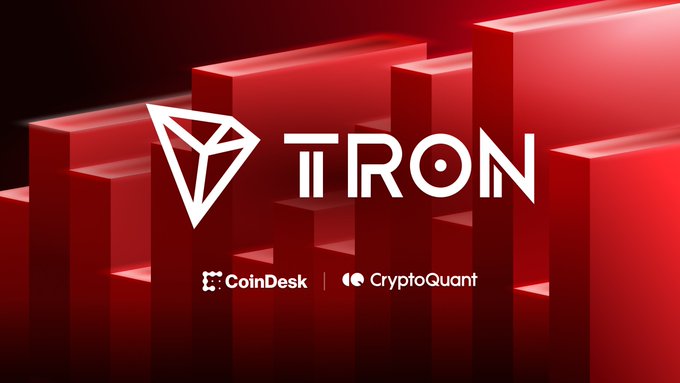 A red 3D-rendered graphic featuring the TRON logo with red bars in the background, and logos for CoinDesk and CryptoQuant at the bottom.