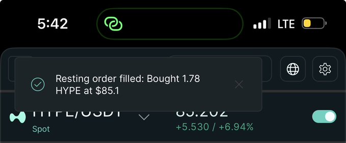 A mobile trading app notification showing 'Resting order filled: Bought 1.78 HYPE at $85.1' with the HYPE/USD price displayed at 63.202 (+5.530 / +6.94%).