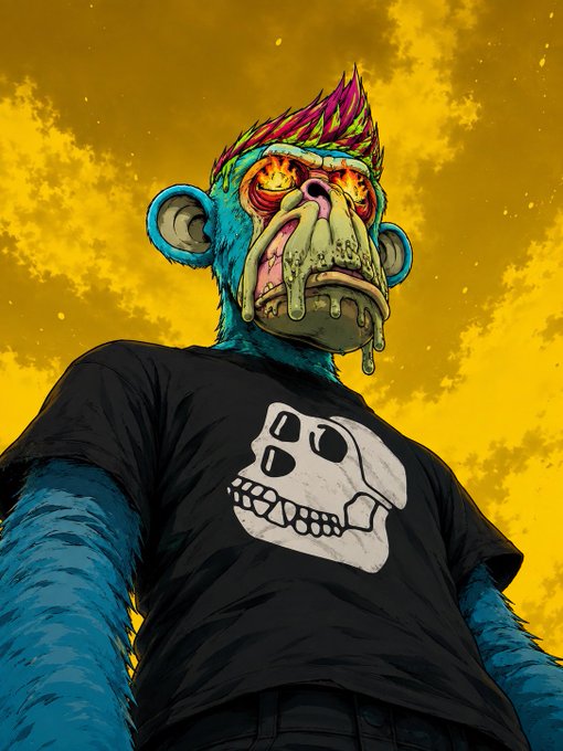 A stylized illustration features a blue-furred monkey character with fiery, glowing eyes and a pink mohawk, wearing a black t-shirt with a skull graphic against a yellow cloudy sky.