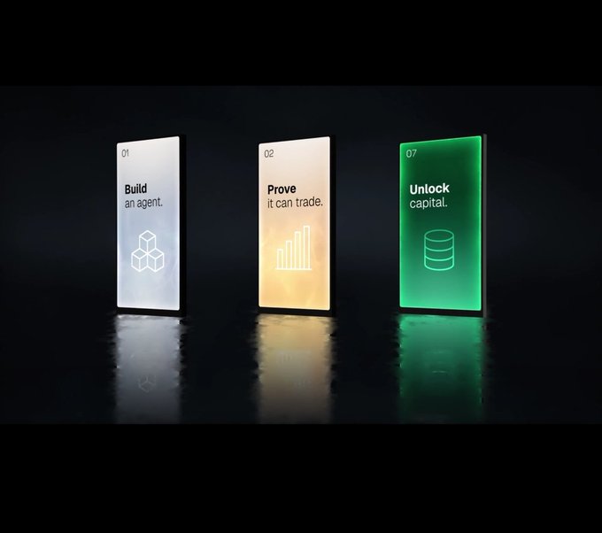 A dark promotional image displaying three illuminated panels reading "01 Build an agent," "02 Prove it can trade," and "07 Unlock capital" with corresponding geometric designs.