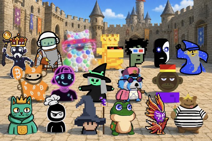 A colorful illustration featuring a group of pixel-art and cartoon character avatars (including a king, wizard, wizard bear, frog, witch, and monkey) gathered in a medieval castle courtyard.