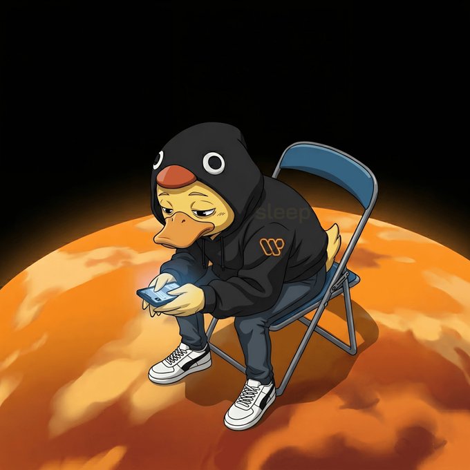 The image features a cartoon duck sitting in an orange chair, looking at its cell phone with a sad expression. The scene takes place against a black background, emphasizing the contrast between the duck's gloomy demeanor and the vibrant colors of the chair and the surrounding environment. This artistic choice suggests that the artist might be trying to convey a message about the impact of technology on our lives or the importance of staying connected in today's fast-paced world. The post also mentions "Let me explain @wallchain AttentionFi simply. Every market runs on something. Stock markets run on capital. DeFi runs on liquidity. Crypto Twitter runs on attention. Attention decides what gets discovered. Who gets trusted. Which projects survive and which ones die quietly". This quote could be interpreted as a call to action for the viewer, encouraging them to pay more attention to their digital lives or to consider the role of technology in shaping our society.