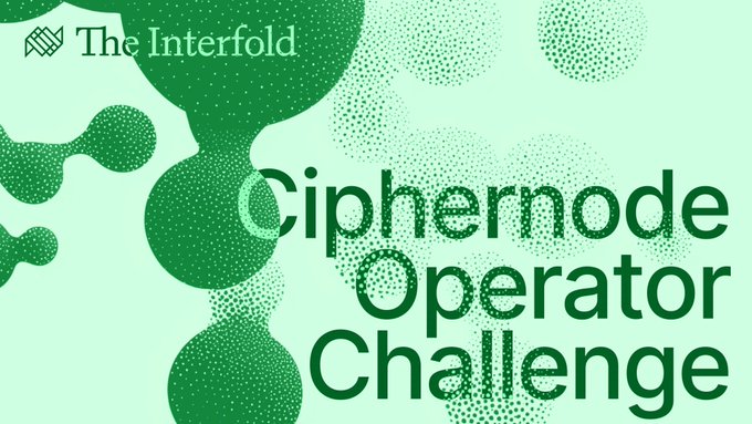 A green graphic from "The Interfold" features the bold text "Ciphernode Operator Challenge" against an abstract background of dotted molecular-style shapes. The image promotes the Ciphernode Operator Challenge, aligning with the post's announcement that Community Choice voting is live for four standout submissions competing for the 1,500 FOLD award.