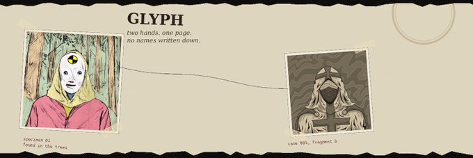 An art reference sheet titled 'GLYPH' showing two character illustrations connected by a line, with text reading 'two hands, one page. no names written down.'