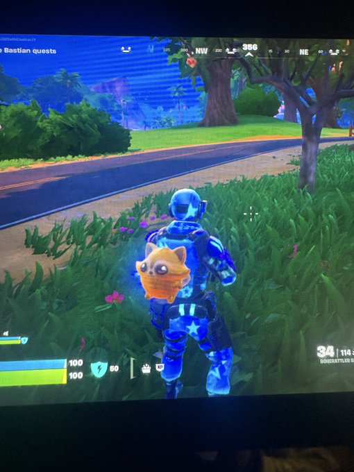 A Fortnite character in a blue galaxy skin with a fox backpack crouches in grass; the HUD shows compass "NW 366 NE", quest "Bastian quests", and ammo "34 | 114".