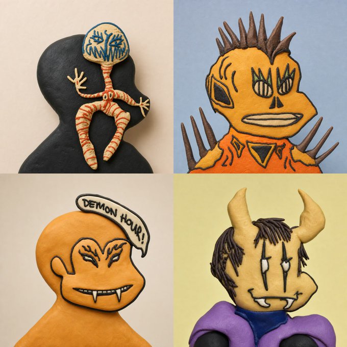 A four-panel grid of clay/figurine art featuring monster characters including one with a large exposed brain, an orange spiky creature, a vampire saying 'DEMON HOUR!', and a horned figure with hollow eyes.